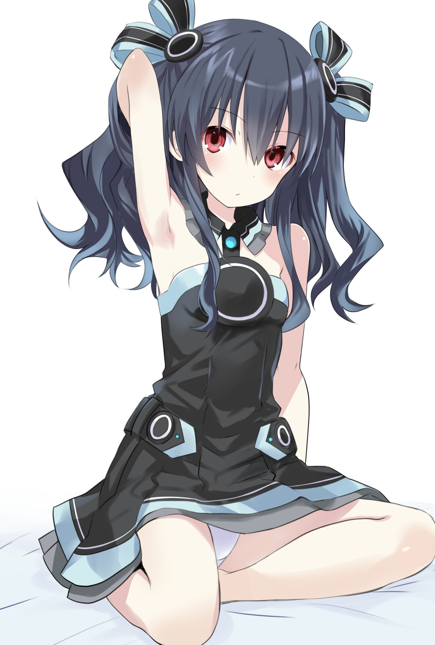 1girl, absurdres, arm_at_side, arm_up, armpits, bare_shoulders, black_hair, black_ribbon