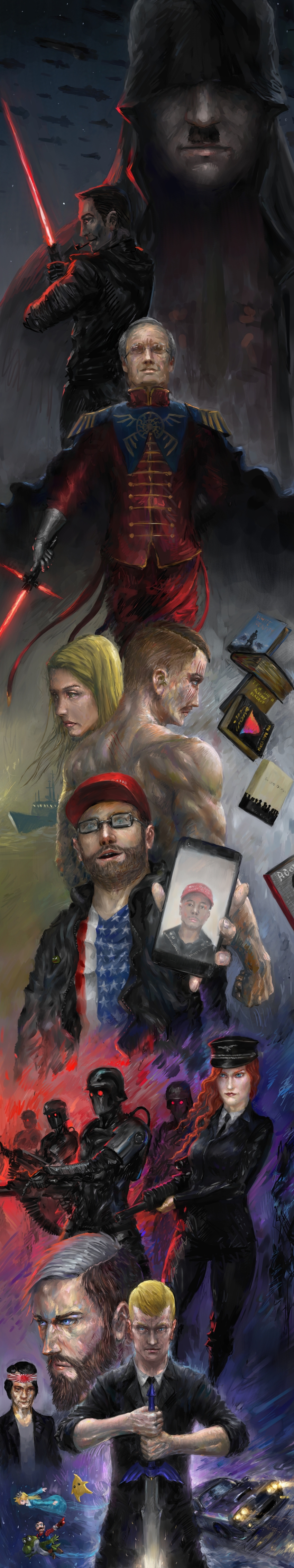 2girls, 6+boys, adolf_hitler, american_flag, american_flag_print, beard, black_sun_(symbol), blonde_hair