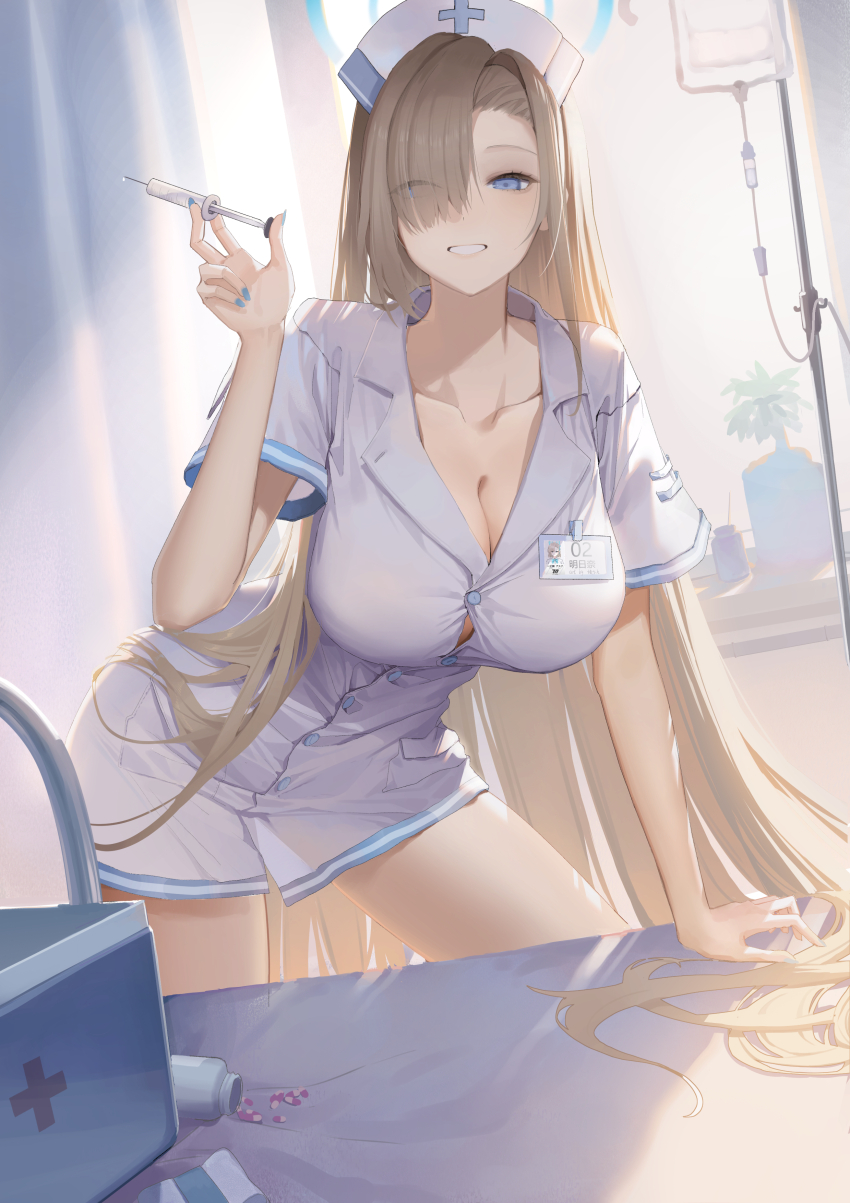 1girl, absurdly_long_hair, absurdres, arm_support, asuna_(blue_archive), asymmetrical_bangs, aya_san, bare_legs