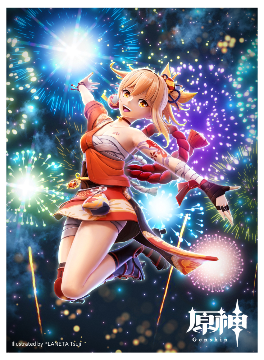 1girl, :d, absurdres, arm_tattoo, artist_name, bandages, blonde_hair, border