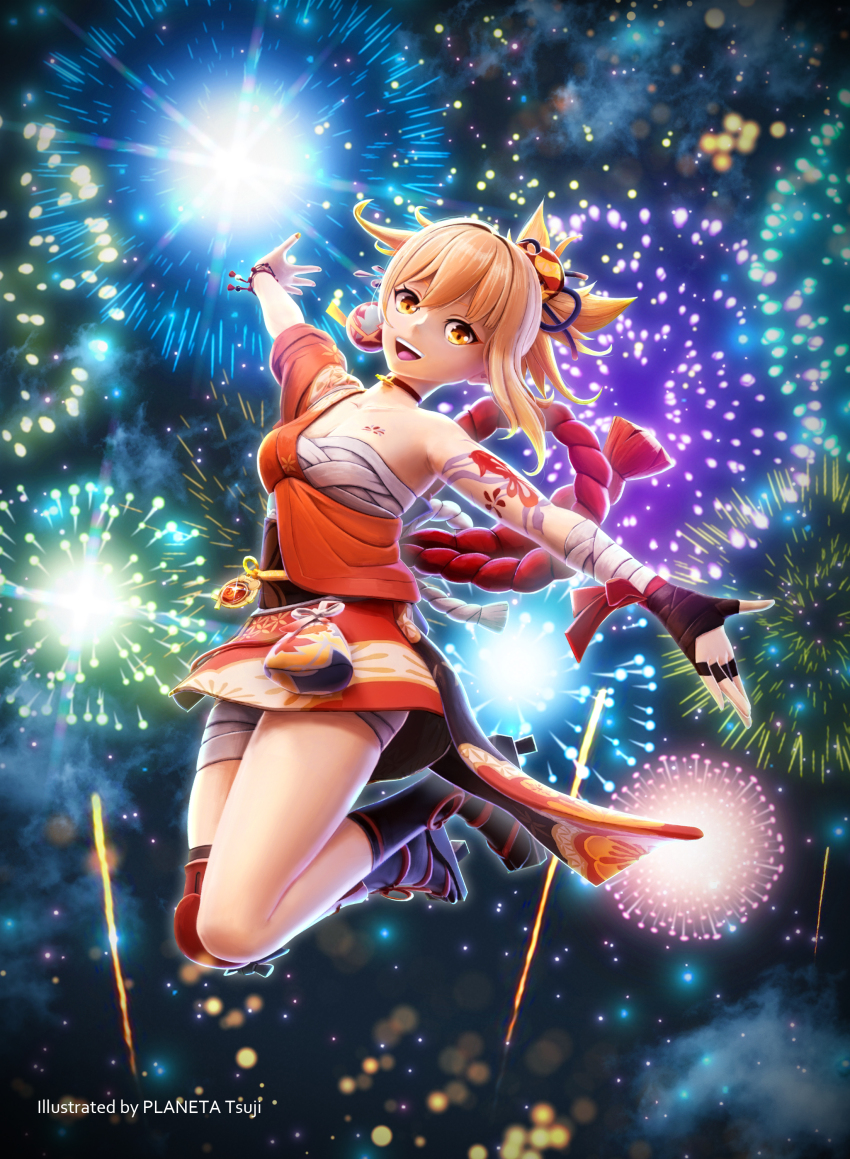 1girl, :d, absurdres, arm_tattoo, artist_name, bandages, blonde_hair, breasts