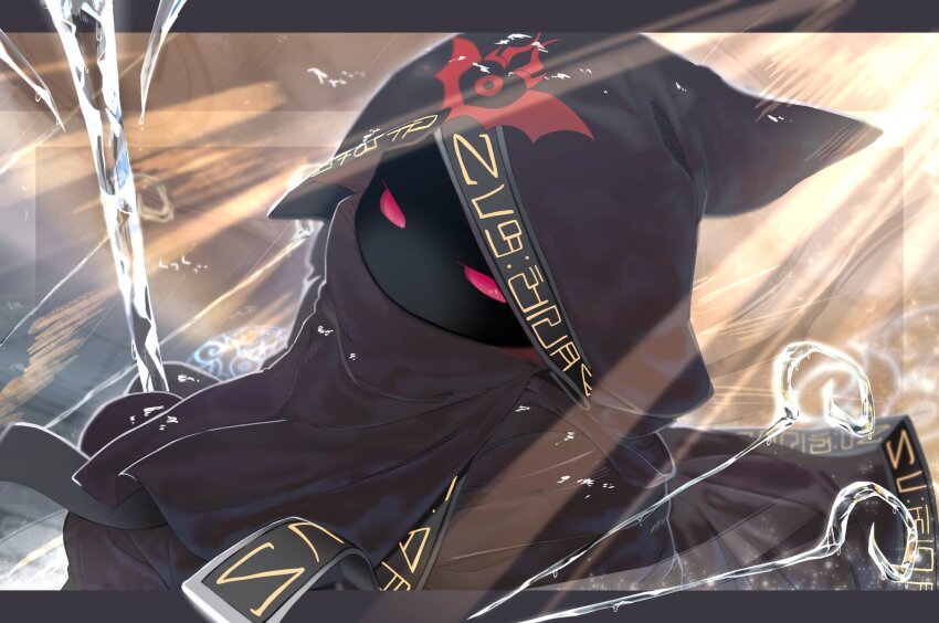 1boy, black_cloak, cloak, corrupt_hyness, glowing, glowing_eyes, highres, hood