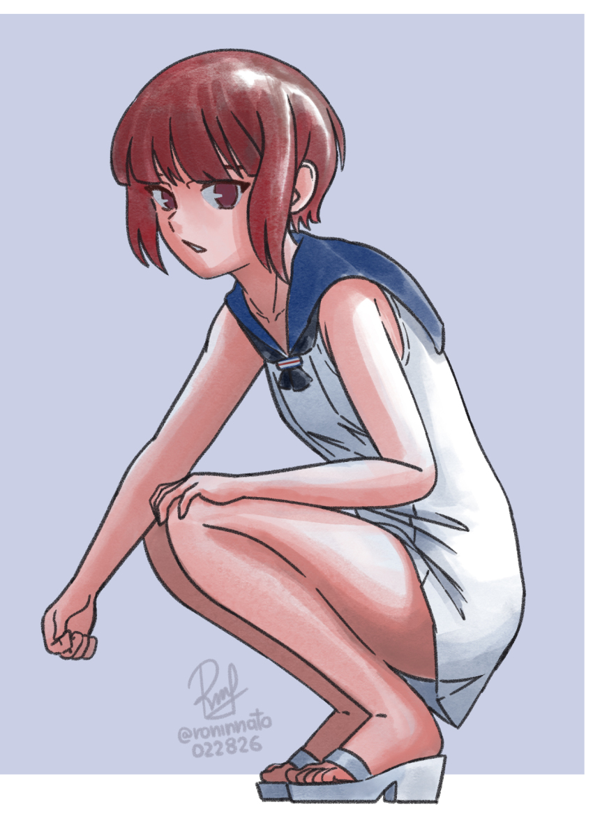 1girl, blue_sailor_collar, brown_eyes, brown_hair, commentary, dress, english_commentary, highres