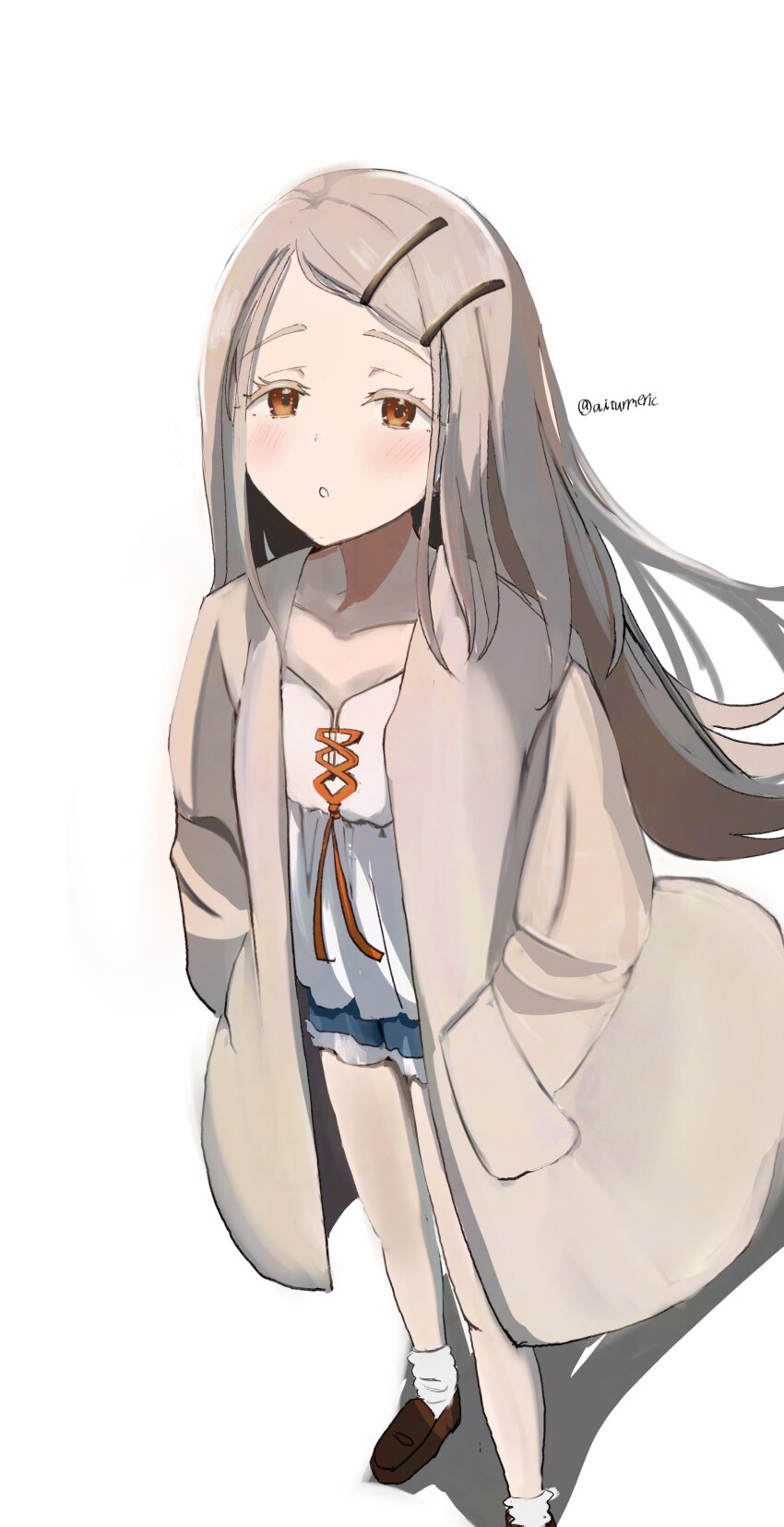 1girl, absurdres, aiturmeric, blonde_hair, blue_shorts, blush, brown_robe, brown_shoes