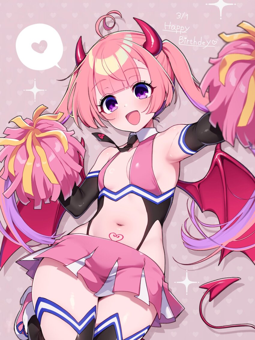 1girl, ahoge, armpits, black_necktie, breasts, cheerleader, commentary_request, dated