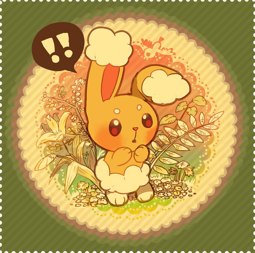 !, animal_focus, bright_pupils, buneary, commentary_request, full_body, gen_4_pokemon, green_background