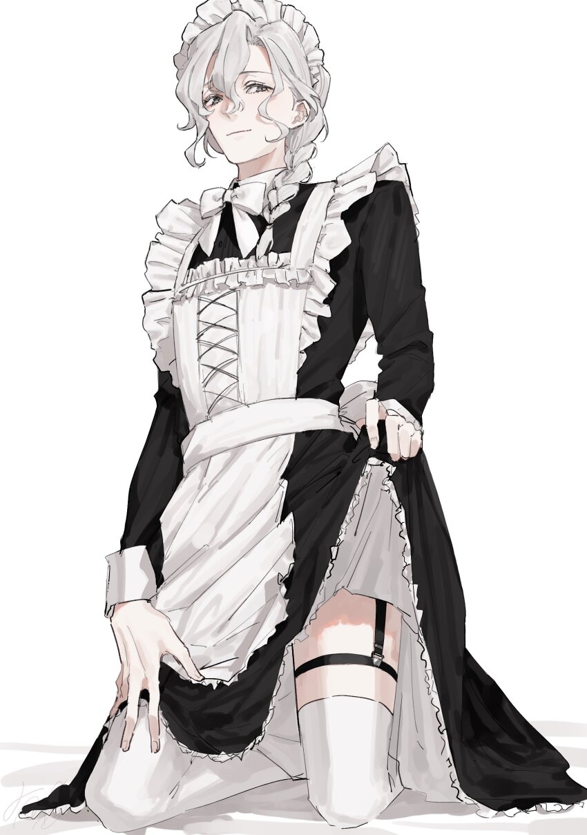 1boy, absurdres, apron, ar1oy, bishounen, braid, braided_ponytail, crossdressing, crossdressing_(mtf), fate/grand_order, fate_(series), full_body, highres, kneeling, low_ponytail, maid, maid_apron, marisbury_animusphere, ponytail, solo, thighhighs, white_background