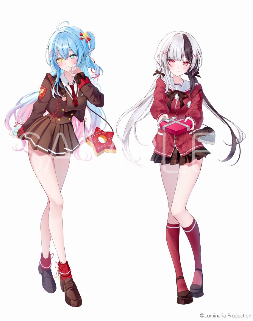 2girls, absurdres, ahoge, aoi_minato_(vtuber), black_hair, black_ribbon, blue_eyes, blue_hair