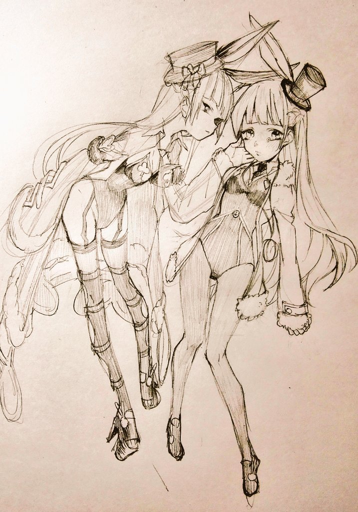 2girls, animal_ears, breasts, chaos_white_rabbit_(grimms_notes), closed_mouth, coat, full_body, fur-trimmed_coat