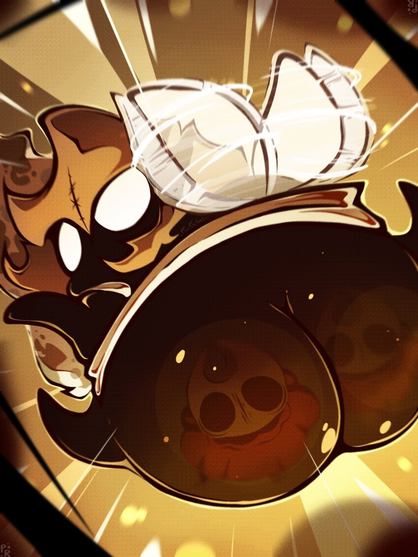 1girl, 1other, arthropod_girl, ass, ass_focus, black_eyes, black_skin, blank_eyes, cloak, colored_skin, disgraced_chef_lugoli_(hollow_knight), highres, hollow_eyes, hollow_knight, hollow_knight:_silksong, horned_mask, hornet_(hollow_knight), horns, huge_ass, incoming_attack, looking_at_viewer, mask, mini_wings, o_o, pinrhyme, pov, red_cloak, reflection, scared, white_eyes, wing_flapping, wings