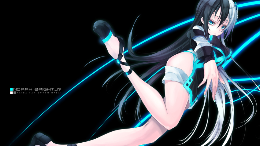 1girl, bad_id, bad_pixiv_id, black_hair, blue_eyes, borrowed_character, bottomless, character_name