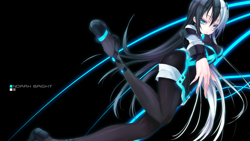 1girl, bad_id, bad_pixiv_id, black_hair, blue_eyes, borrowed_character, character_name, female_focus, fukai_ryosuke, glowing, highres, multicolored_hair, nail_polish, norah_bright, original, pantyhose, solo, split-color_hair, two-tone_hair, white_hair