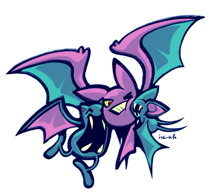 artist_name, closed_eyes, crobat, evolutionary_line, fangs, gen_1_pokemon, gen_2_pokemon, golbat, highres, isa-ah, nintendo, no_humans, one_eye_closed, open_mouth, pokemon, pokemon_(creature), simple_background, white_background, zubat