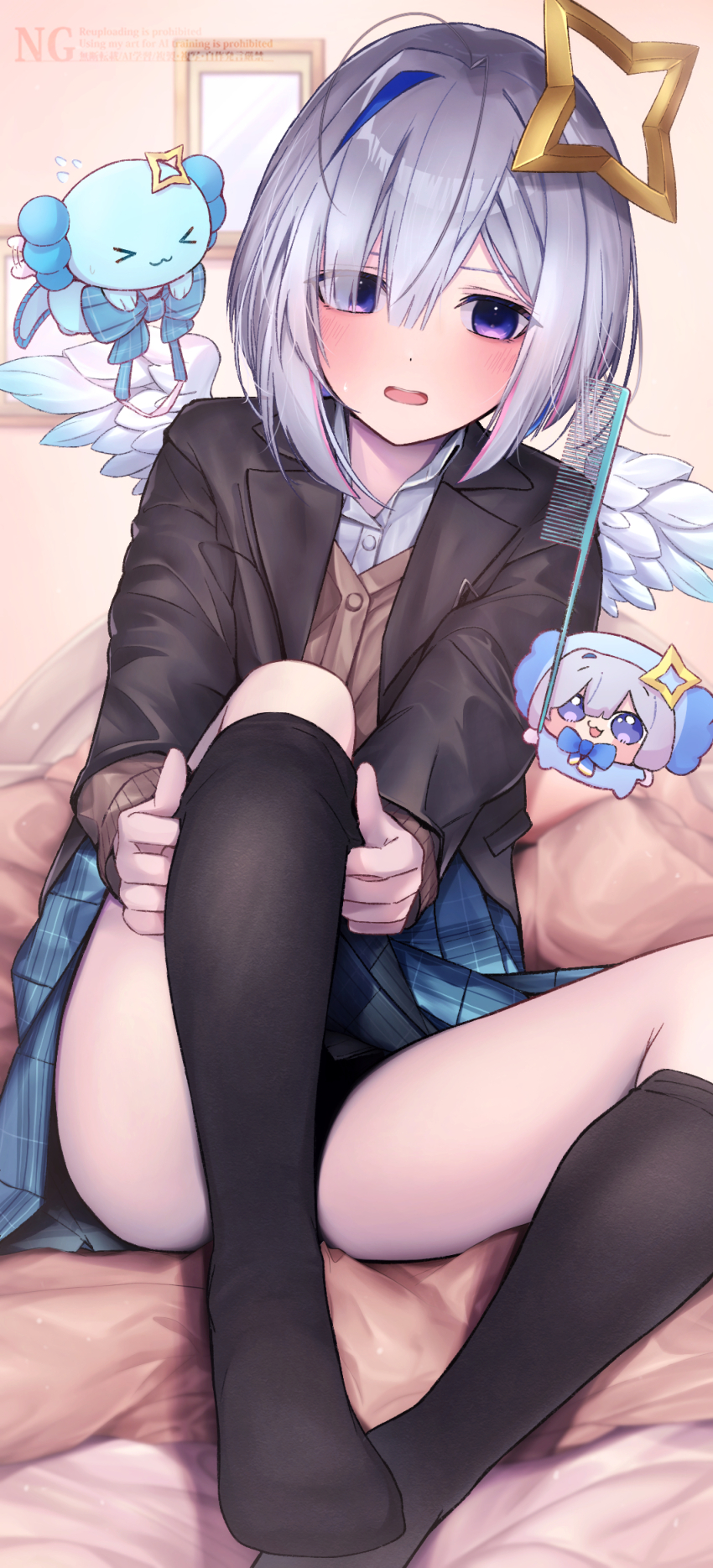 1girl, adjusting_clothes, adjusting_legwear, amane_kanata, black_jacket, black_socks, blue_hair, blush