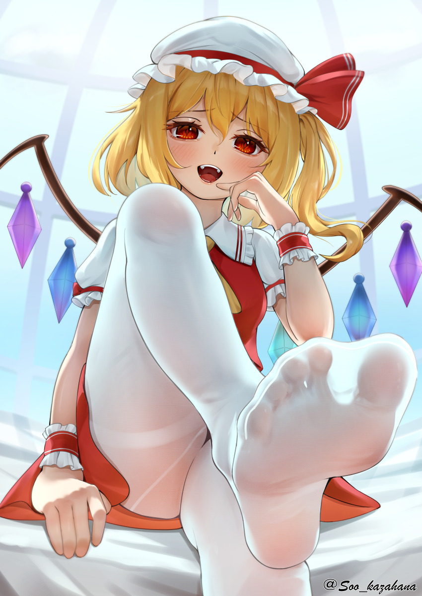 1girl, absurdres, ascot, blonde_hair, blush, collared_shirt, commentary_request, crystal