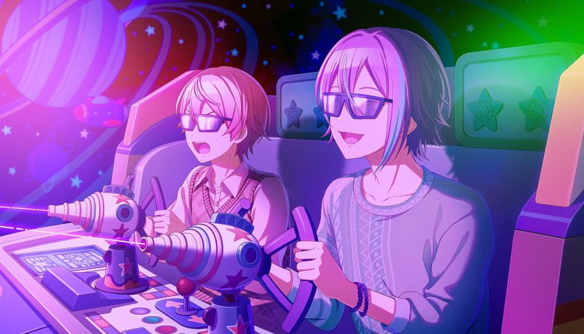 2boys, :d, adam's_apple, aqua_streaks, asymmetrical_sidelocks, blonde_hair, blue_shirt, bracelet