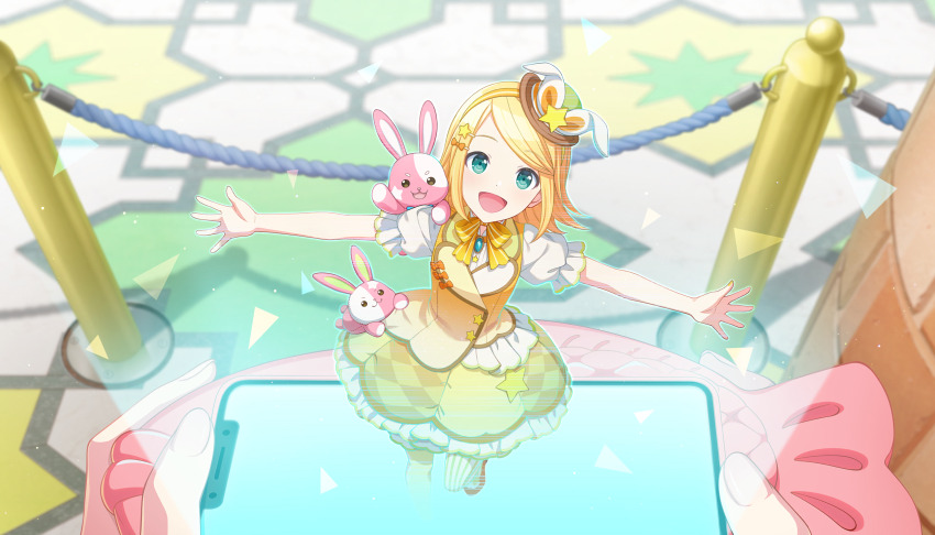 2girls, 2others, :d, aqua_eyes, argyle_clothes, argyle_dress, blonde_hair, bow