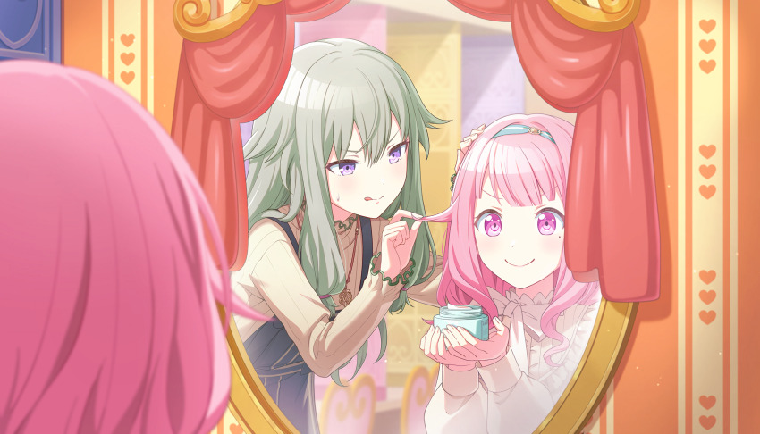 >:), 2girls, adjusting_another's_hair, blue_skirt, blunt_bangs, borrowed_hairstyle, bow, change!_emu_wa_ojou_sama!?_(project_sekai), closed_mouth, colorful_palette, cupping_hands, curly_sidelocks, curtains, dot_nose, fake_mole, frilled_sleeves, frills, game_cg, green_hair, green_trim, hair_flaps, hairband, hand_up, hands_up, heart, highres, holding, jewelry, kusanagi_nene, light_blush, long_hair, long_sleeves, looking_at_mirror, low-tied_sidelocks, medium_hair, mirror, mole, mole_under_eye, multiple_girls, necklace, official_art, ootori_emu, own_hands_together, pink_eyes, pink_hair, project_sekai, puffy_long_sleeves, puffy_sleeves, purple_eyes, reflection, reflection_focus, ribbed_shirt, shirt, sidelocks, skirt, smile, suspender_skirt, suspenders, sweatdrop, swept_bangs, third-party_source, tongue, tongue_out, upper_body, v-shaped_eyebrows, white_bow, white_shirt, yellow_shirt