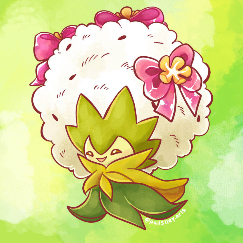 artist_name, bow, clothed_pokemon, eldegoss, eldegoss_(fashionable), gen_8_pokemon, green_background, looking_at_viewer