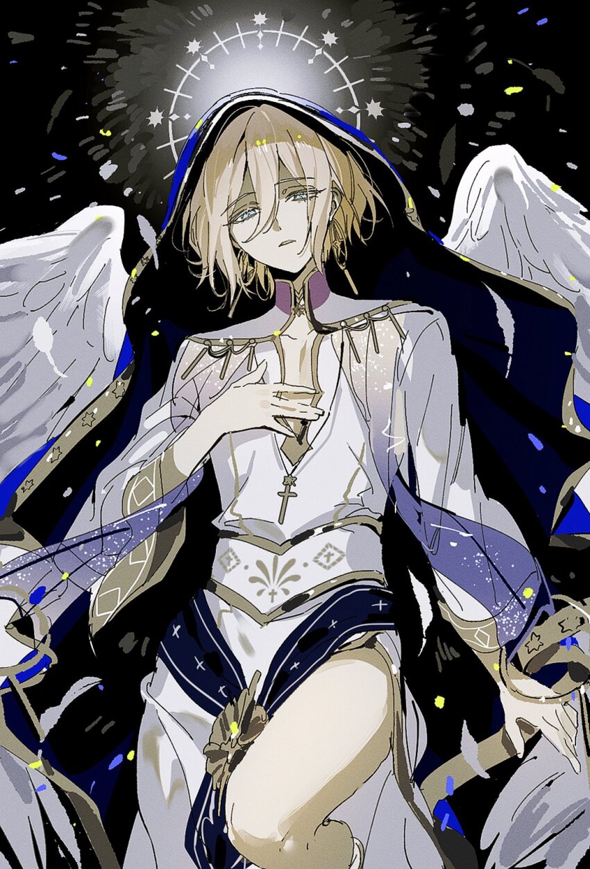 1boy, angel, angel_wings, angels_(ensemble_stars!), black_background, blonde_hair, blue_eyes, blue_sash