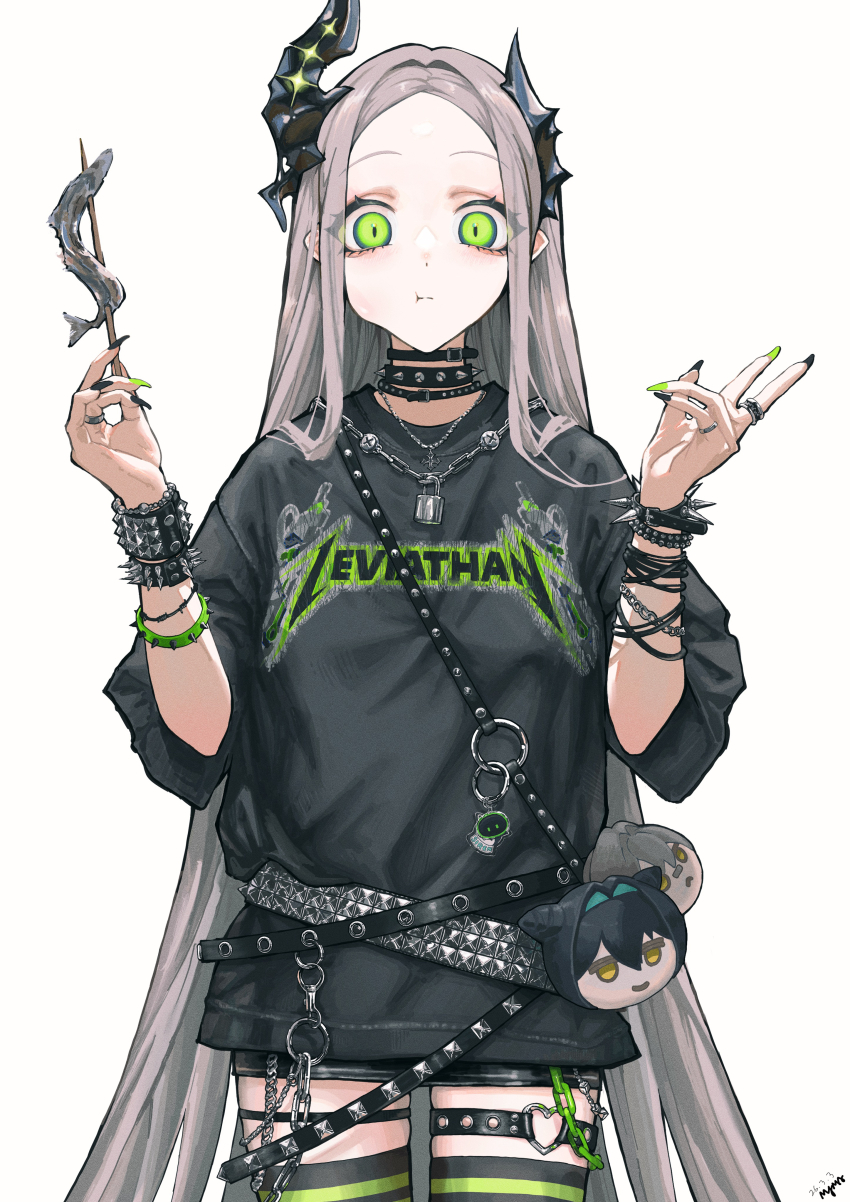 1girl, :t, absurdres, alternate_costume, black_choker, black_horns, black_nails, black_shirt