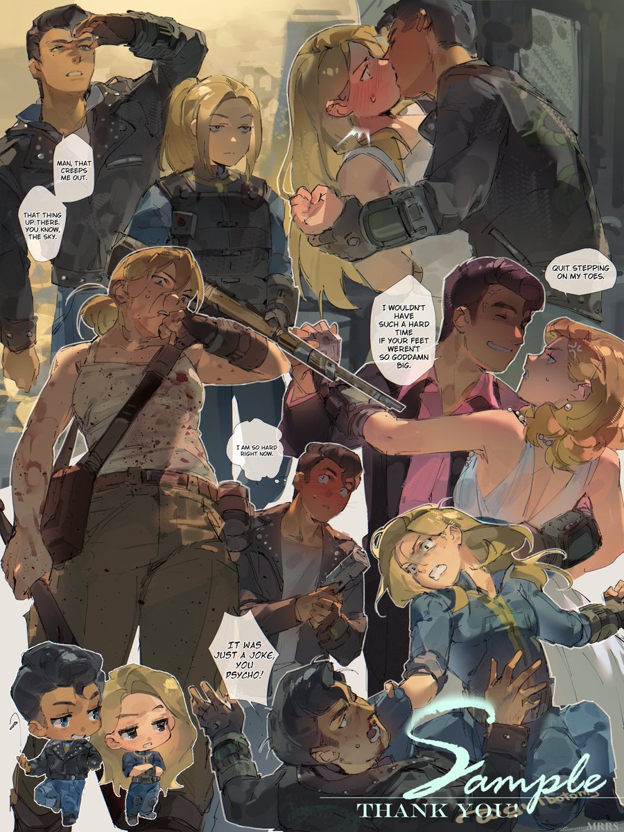 1boy, 1girl, anger_vein, aroused, artist_name, bag, black_hair, blonde_hair, blood, blood_on_clothes, blood_on_face, blue_jumpsuit, blush, bolt_action, bulletproof_vest, butch_deloria, chibi, closed_eyes, clothes_grab, dancing, dress, earrings, english_text, fallout, fallout_3, grabbing_another's_shirt, gun, handgun, highres, jacket, jewelry, jumpsuit, kiss, leather, leather_jacket, lone_wanderer, long_hair, mole, mole_under_eye, mrrs, necklace, nosebleed, open_clothes, open_jacket, pearl_necklace, pink_shirt, pip_boy, pompadour, ponytail, punching, rifle, satchel, shading_eyes, shirt, sleeves_rolled_up, snake, speech_bubble, sweat, tank_top, unamused, vault_suit, weapon, white_dress, white_tank_top, wrist_computer