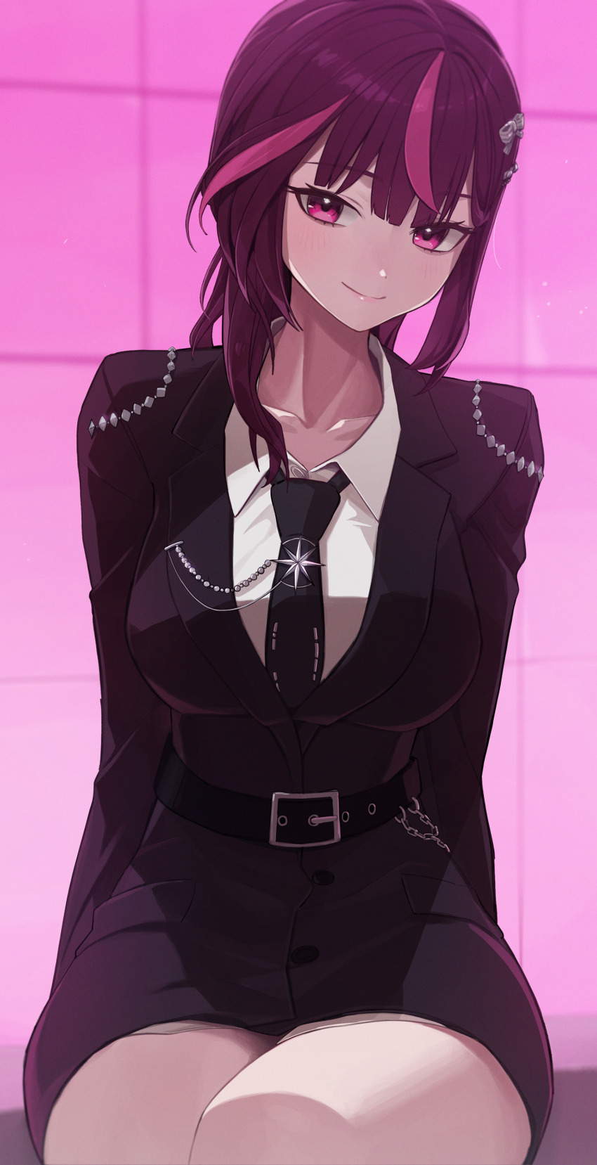 1girl, absurdres, alternate_breast_size_(larger), belt, black_belt, black_jacket, black_necktie, breasts