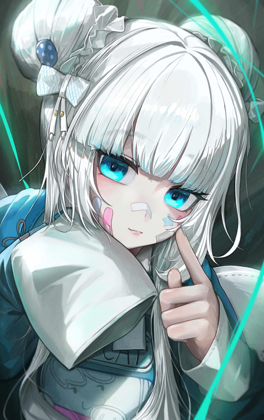 1girl, absurdres, bandage_on_face, bandages, bandaid, bandaid_on_face, bandaid_on_nose, blue_eyes