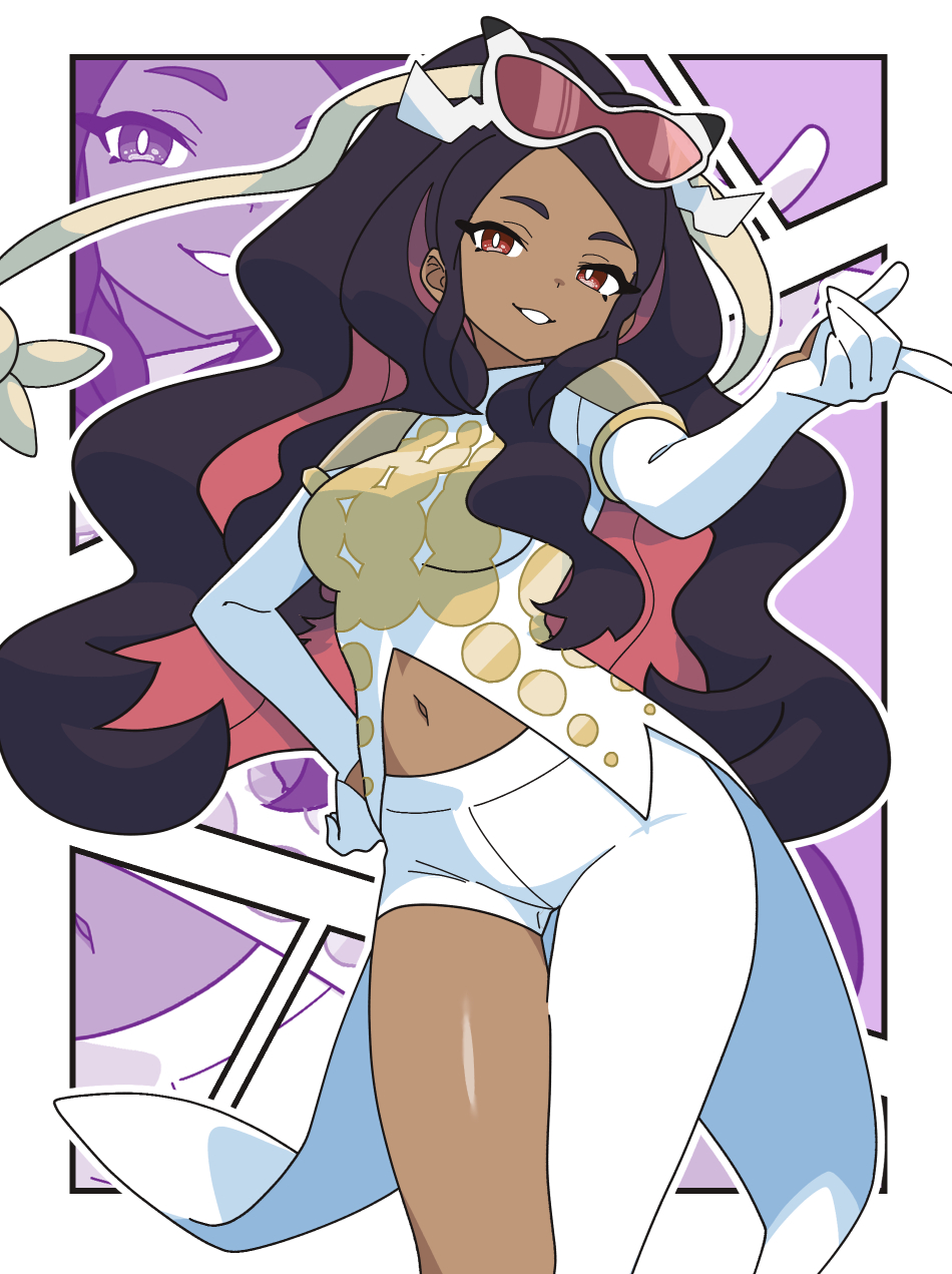 1girl, asymmetrical_clothes, asymmetrical_pants, black_hair, breasts, brown-tinted_eyewear, caraway_(pokemon), clothing_cutout, coattails, colored_inner_hair, commentary_request, dark-skinned_female, dark_skin, eyewear_on_head, gloves, highres, kanbei_(pixiv11037490), long_hair, long_sleeves, looking_at_viewer, medium_breasts, midriff, multicolored_hair, navel, navel_cutout, nintendo, open_mouth, pants, pokemon, pokemon_champions, red_eyes, shirt, single_pantsleg, smile, sunglasses, tailcoat, tinted_eyewear, two-tone_hair, white-framed_eyewear, white_gloves, white_pants, white_shirt, zoom_layer