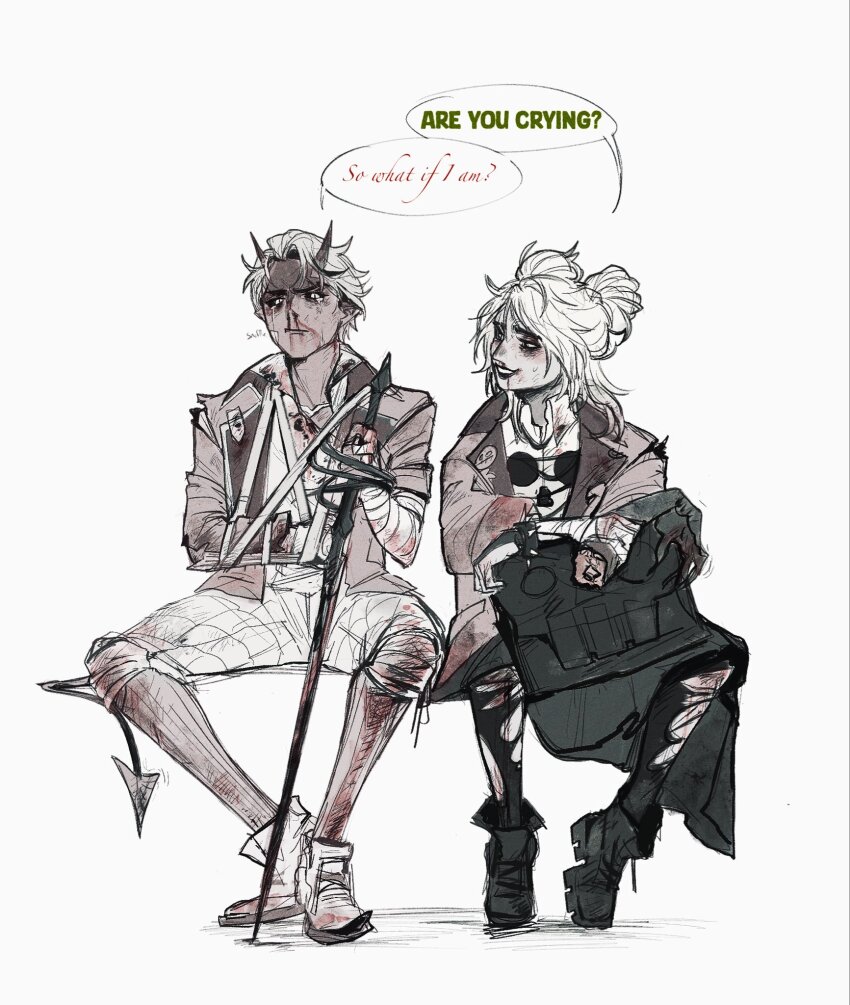 1boy, 1girl, apollo_(deadlock), arm_sling, bag, bandaged_knees, black_sclera, blazer