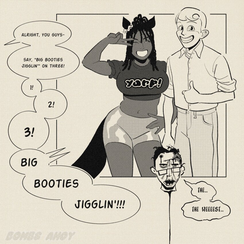 2boys, artist_name, bombsahoy, braided_dreadlocks, breasts, dark_skin, disembodied_head, ear_scrunchie