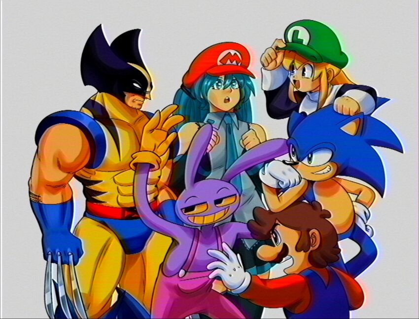 1990s_(style), 2girls, 4boys, adjusting_clothes, adjusting_headwear, android, angry, animal_ears, animal_nose, aqua_eyes, aqua_hair, aqua_necktie, arm_hair, bare_shoulders, black_sleeves, blonde_hair, blue_eyes, blue_fur, blue_overalls, bodysuit, brown_hair, claw_(weapon), clenched_hands, clenched_teeth, closed_mouth, colored_sclera, colored_teeth, detached_sleeves, dress, facial_hair, faux_retro_artstyle, full_body, furry, furry_male, gloves, green_eyes, green_hat, grey_shirt, hair_between_eyes, hair_ornament, hat, hatsune_miku, headphones, headset, hedgehog_boy, highres, jax_(the_amazing_digital_circus), jester, jester_costume, long_hair, long_sleeves, looking_at_another, lueduar, luigi_hat, mario, mario_(series), mario_hat, marvel, mask, mask_lift, mega_man_(classic), mega_man_(series), multicolored_bodysuit, multiple_boys, multiple_girls, muscular, muscular_male, mustache, necktie, nintendo, number_tattoo, open_mouth, overalls, pectorals, pink_overalls, ponytail, rabbit_boy, rabbit_ears, red_hat, red_mask, red_shirt, red_shoes, retro_artstyle, robot_girl, roll_(mega_man), scar, scars_all_over, shirt, shoes, short_hair, short_tail, sidelocks, simple_background, sleeveless, sleeveless_shirt, smile, smirk, smug, sonic_(series), sonic_the_hedgehog, spring_onion, superhero_costume, tail, tattoo, teeth, the_amazing_digital_circus, too_many, twintails, two-tone_bodysuit, upper_teeth_only, very_long_hair, vhs_artifacts, vocaloid, weapon, white_background, white_gloves, wolverine_(x-men), x-men, yellow_bodysuit, yellow_gloves, yellow_sclera, yellow_teeth