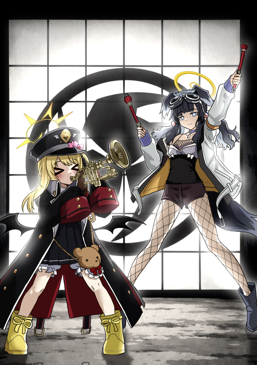 >_<, +++, 2girls, absurdres, aiguillette, animal_bag, animal_ears, arms_up, bear_bag, black_boots, black_coat, black_dress, black_hair, black_hat, black_ribbon, black_shorts, black_tank_top, blonde_hair, blue_archive, boots, bow, coat, collar, commentary, crossover, demon_wings, dog_ears, dog_girl, dog_tail, drawer, dress, drumsticks, eighth_note, fishnet_pantyhose, fishnets, goggles, goggles_on_head, grid_background, hair_ribbon, halo, hat, hibiki_(blue_archive), highres, holding, holding_drumsticks, holding_instrument, holding_trumpet, ibuki_(blue_archive), instrument, jacket, kamen_rider, kamen_rider_hibiki_(series), long_hair, multiple_girls, music, musical_note, name_connection, nogawa_seroly, ongekibou_rekka, ongekikan_reppu, pantyhose, peaked_cap, pink_bow, playing_instrument, pleated_dress, purple_eyes, ribbon, rubber_boots, shirt, shorts, sleeves_past_fingers, sleeves_past_wrists, stuffed_animal, stuffed_toy, tail, tank_top, trumpet, white_jacket, white_shirt, wings, yellow_boots, yellow_halo
