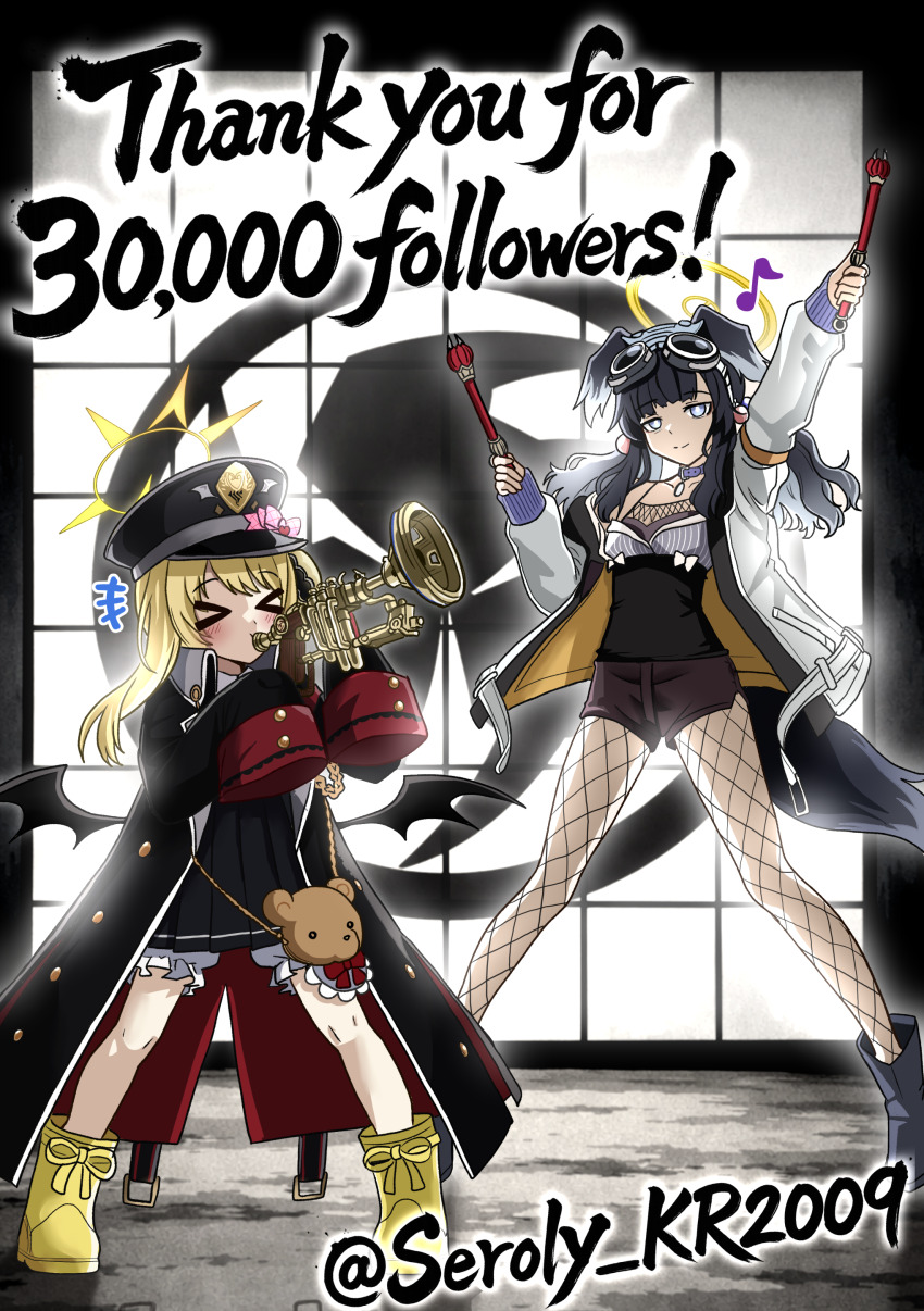 >_<, +++, 2girls, absurdres, aiguillette, animal_bag, animal_ears, arms_up, bear_bag, black_boots, black_coat, black_dress, black_hair, black_hat, black_ribbon, black_shorts, black_tank_top, blonde_hair, blue_archive, boots, bow, coat, collar, commentary, crossover, demon_wings, dog_ears, dog_girl, dog_tail, drawer, dress, drumsticks, eighth_note, fishnet_pantyhose, fishnets, goggles, goggles_on_head, grid_background, hair_ribbon, halo, hat, hibiki_(blue_archive), highres, holding, holding_drumsticks, holding_instrument, holding_trumpet, ibuki_(blue_archive), instrument, jacket, kamen_rider, kamen_rider_hibiki_(series), long_hair, milestone_celebration, multiple_girls, music, musical_note, name_connection, nogawa_seroly, ongekibou_rekka, ongekikan_reppu, pantyhose, peaked_cap, pink_bow, playing_instrument, pleated_dress, purple_eyes, ribbon, rubber_boots, shirt, shorts, sleeves_past_fingers, sleeves_past_wrists, stuffed_animal, stuffed_toy, tail, tank_top, trumpet, twitter_username, white_jacket, white_shirt, wings, yellow_boots, yellow_halo