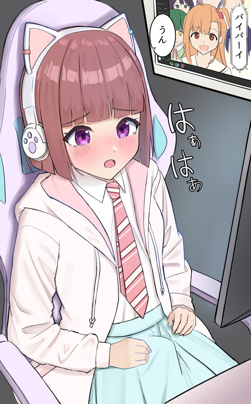 1futa, 3girls, absurdres, animal_ear_headphones, animal_ears, azabu_mai, blue_skirt, blunt_bangs, blunt_ends, bob_cut, brown_hair, bulge, cat_ear_headphones, cat_ears, chair, collared_shirt, commentary_request, diagonal-striped_clothes, diagonal-striped_necktie, erection, erection_under_clothes, fake_animal_ears, futanari, gaming_chair, headphones, highres, hood, hooded_jacket, ikizulive!_love_live!_bluebird, jacket, long_sleeves, love_live!, multiple_girls, necktie, on_chair, open_clothes, open_jacket, panaham, pink_necktie, pleated_skirt, purple_eyes, sasaki_shion, school_uniform, shirt, sitting, skirt, solo, striped_clothes, swivel_chair, takahashi_polka, video_call, white_jacket, white_shirt, yamada_michiru