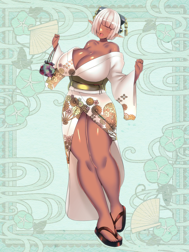 1girl, breasts, cleavage, closed_eyes, dark-skinned_female, dark_skin, eres_vilgodream, facing_viewer