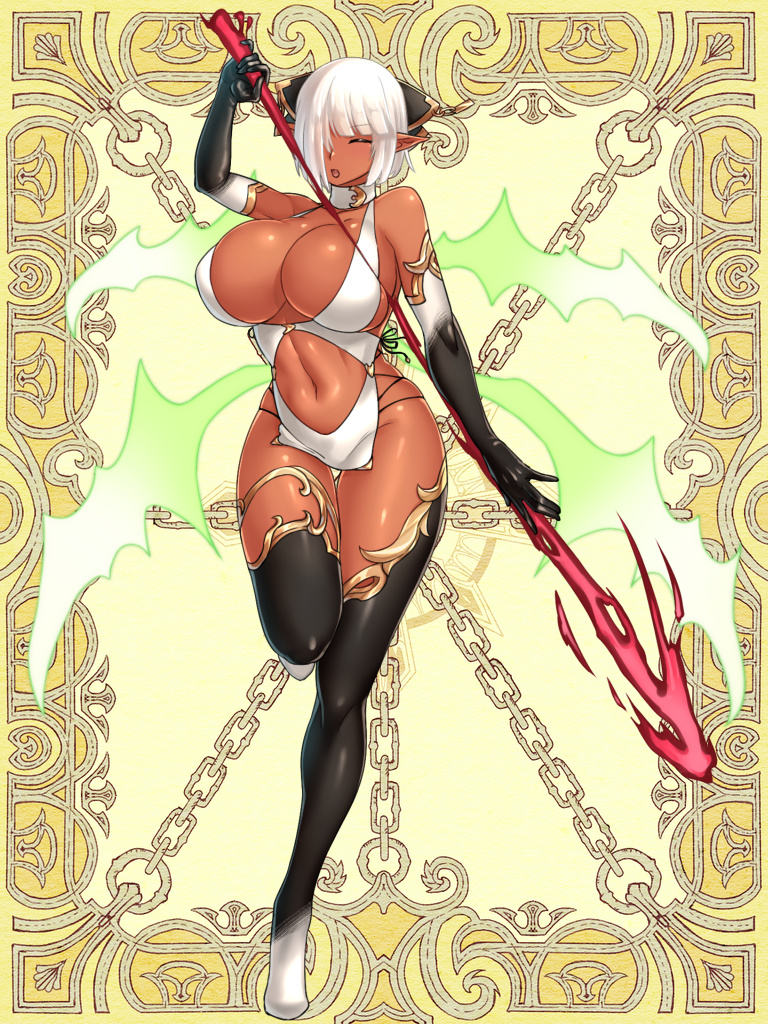 1girl, asutarou, black_gloves, black_thighhighs, breasts, cleavage, clothing_cutout, dark-skinned_female