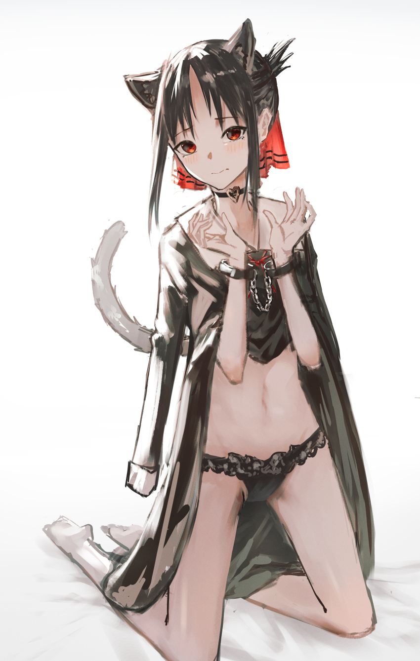 1girl, absurdres, animal_ears, black_choker, black_hair, bow, cat_ears, cat_tail, chain, choker, cokei, commentary, cuffs, handcuffed, handcuffs, heart, heart_choker, highres, kaguya-sama_wa_kokurasetai_~tensai-tachi_no_renai_zunousen~, navel, red_bow, red_eyes, shinomiya_kaguya, tail, underwear