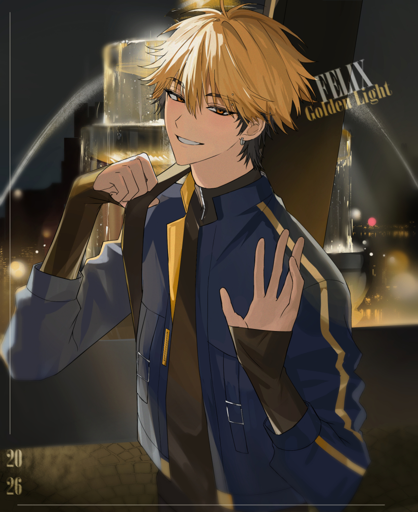 1boy, black_hair, black_shirt, blonde_hair, blue_jacket, building, city, city_lights