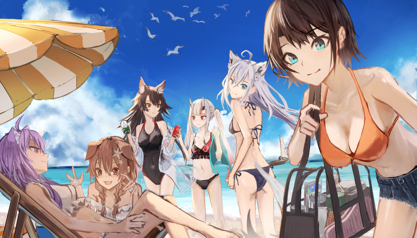 6+girls, absurdres, ahoge, animal_ears, aqua_eyes, bag, bare_shoulders, beach