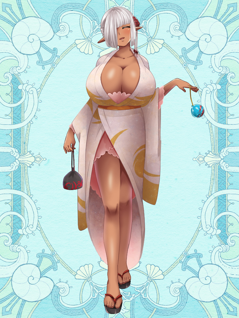 1girl, blue_background, breasts, cleavage, closed_eyes, dark-skinned_female, dark_skin, elf