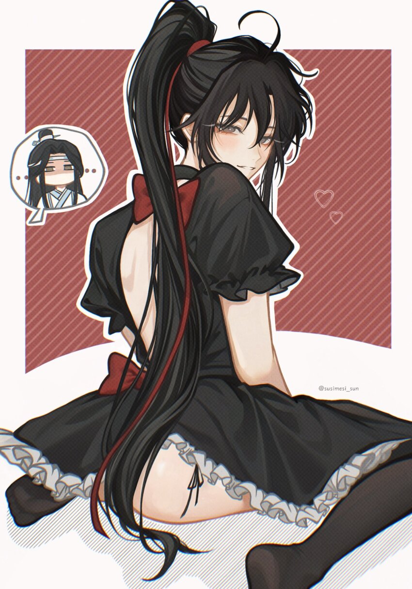 2boys, ahoge, alternate_costume, ass, back, back_bow, back_cutout, backless_dress, backless_outfit, black_dress, black_hair, black_thighhighs, blush, bow, brown_eyes, chibi, chibi_inset, chinese_clothes, choker, closed_mouth, clothing_cutout, commentary, crossdressing, crossdressing_(mtf), dress, eyelashes, frilled_dress, frilled_sleeves, frills, from_behind, grey_eyes, hair_ribbon, hanfu, headband, heart, high_ponytail, highres, implied_yaoi, lan_wangji, long_hair, looking_at_viewer, looking_back, male_focus, modao_zushi, multiple_boys, no_shoes, panties, parted_lips, ponytail, puffy_short_sleeves, puffy_sleeves, red_bow, red_ribbon, ribbon, short_sleeves, side-tie_panties, sidelocks, sitting, smile, solo_focus, speech_bubble, susimesi_sun, thighhighs, topknot, trap, twitter_username, underwear, untranslatable_commentary, very_long_hair, wariza, wei_wuxian, white_hanfu, white_headband, xiao_guan_(headdress)