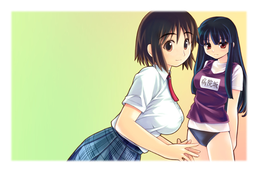 2girls, ayase_fuuka, black_buruma, black_hair, blue_skirt, border, breasts, brown_eyes, buruma, byouinzaka_kuroneko, character_name, collared_shirt, commentary_request, cowboy_shot, cross-shaped_pupils, crossover, gym_uniform, kimi_to_boku_no_kowareta_sekai, leaning_forward, long_hair, long_sidelocks, looking_at_viewer, looking_to_the_side, medium_breasts, multiple_girls, name_tag, necktie, nyaou_(round_facer), plaid_clothes, plaid_skirt, pleated_skirt, purple_tank_top, red_necktie, school_uniform, shirt, short_hair, short_necktie, short_sleeves, sidelocks, skirt, standing, symbol-shaped_pupils, tank_top, taut_clothes, taut_shirt, white_border, white_shirt, yotsubato!