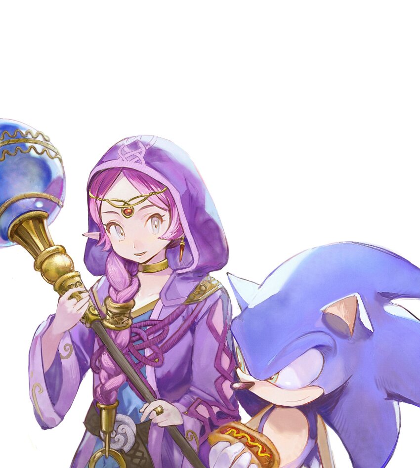 1boy, 1girl, blue_eyes, braid, circlet, closed_mouth, conniebgbgbg, earrings, food, furry, furry_male, gloves, gold_choker, green_eyes, hair_over_shoulder, hedgehog_boy, highres, holding, holding_food, holding_staff, hood, hood_up, hooded_robe, hot_dog, jewelry, long_hair, long_sleeves, merlina_(sonic), open_mouth, pink_hair, pointy_ears, purple_robe, ring, robe, simple_background, single_braid, smile, sonic_(series), sonic_and_the_black_knight, sonic_the_hedgehog, staff, upper_body, white_background, white_gloves, wide_sleeves