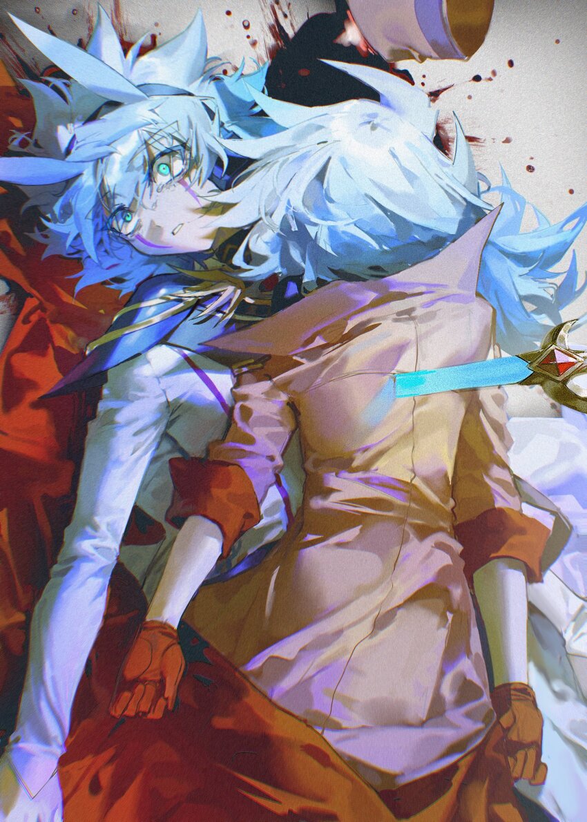 2boys, alien_888, antenna_hair, blood, blood_drop, blood_in_hair, blood_on_clothes, blood_on_ground