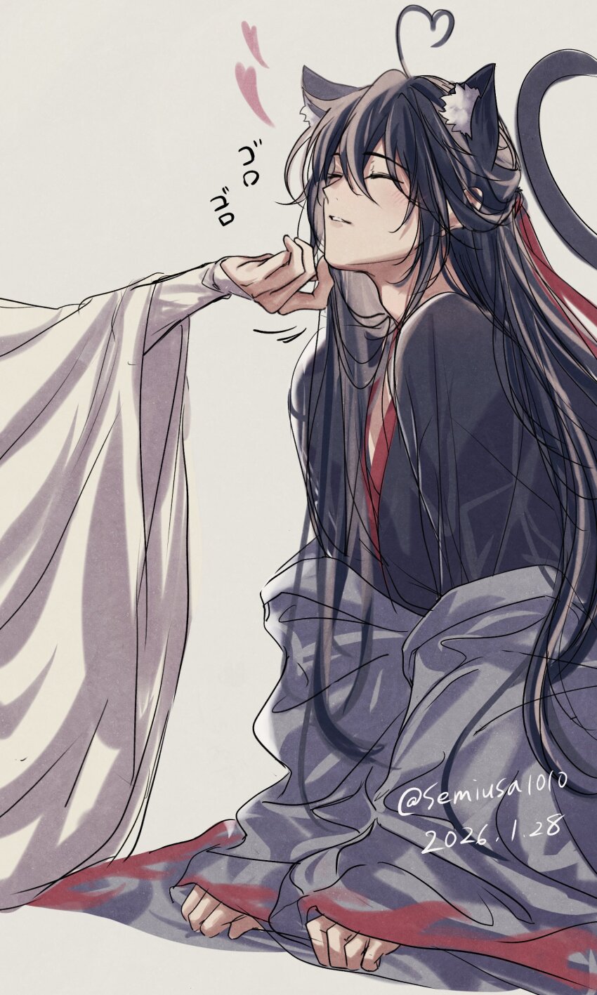 2boys, absurdres, ahoge, animal_ears, black_hair, black_hanfu, cat_boy, cat_ears