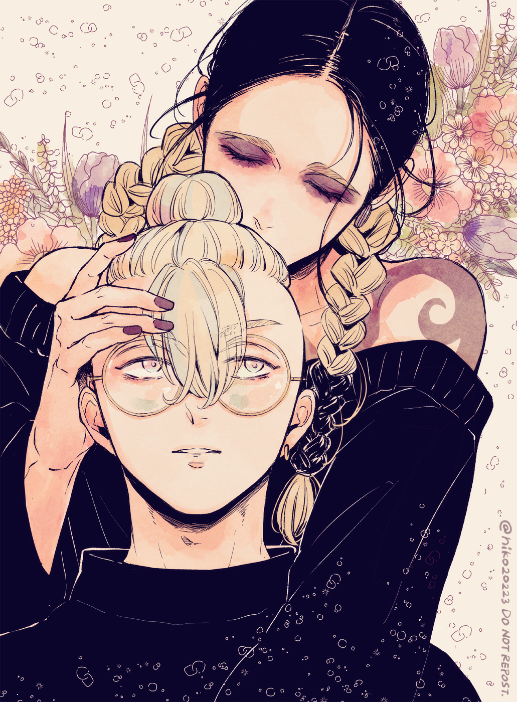 alternate_costume, aqua_hair, bare_shoulders, black_hair, black_sweater, blonde_hair, commentary_request, earrings, flower, haitani_ran, haitani_rindou, highres, implied_incest, jewelry, long_hair, long_sleeves, makeup, male_focus, multicolored_hair, niko20223, pink_flower, purple_eyes, purple_flower, purple_nails, purple_tulip, shoulder_tattoo, simple_background, single_earring, sweater, tattoo, tokyo_revengers, tulip, two-tone_hair, upper_body, white_background, white_flower, yaoi, yellow_flower