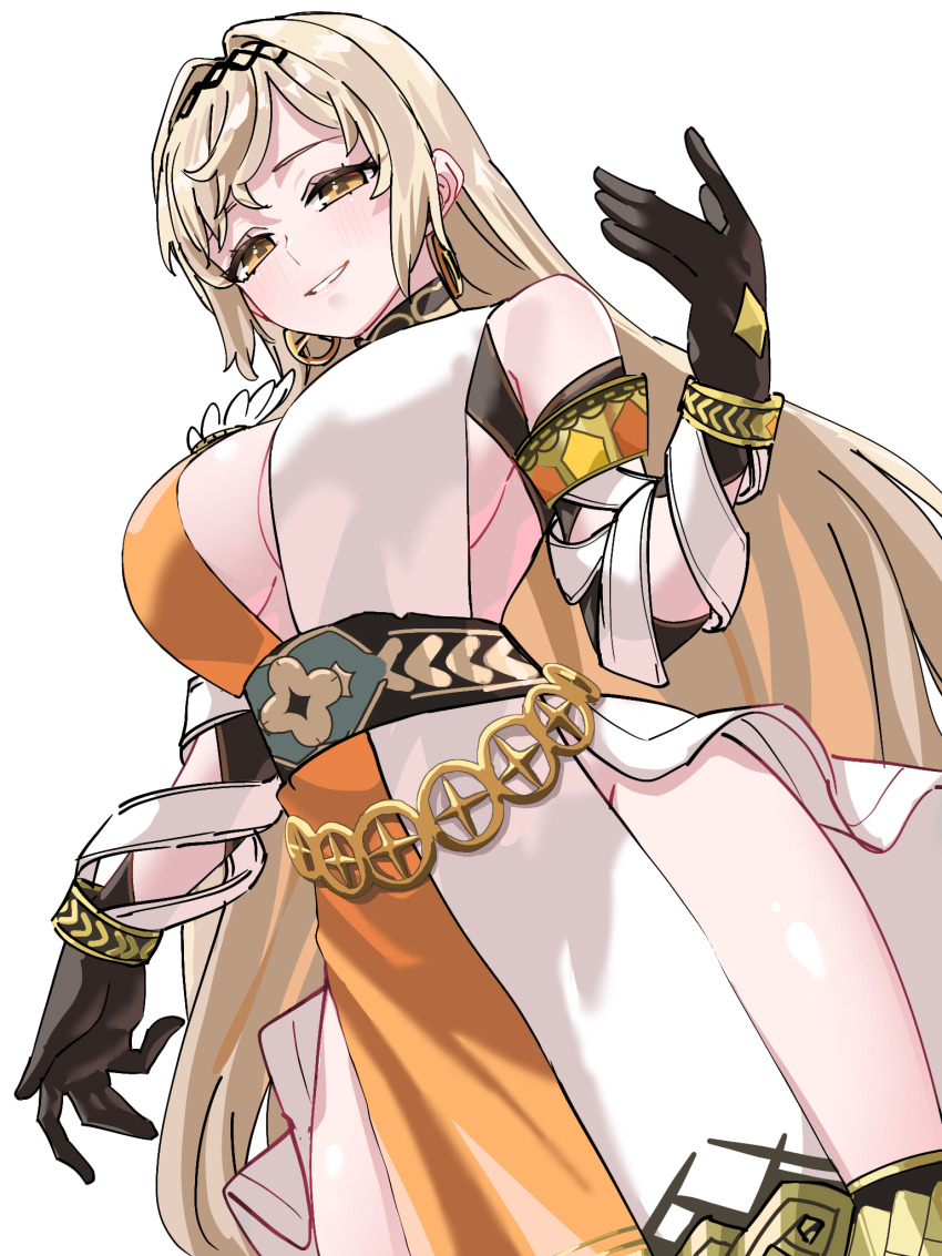 1girl, black_gloves, blonde_hair, bracelet, breasts, brown_eyes, commentary_request, demeter_(fate)