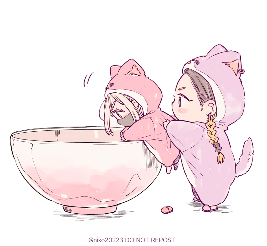 2boys, aged_down, alternate_costume, animal_costume, animal_hood, blonde_hair, blush, brown_hair