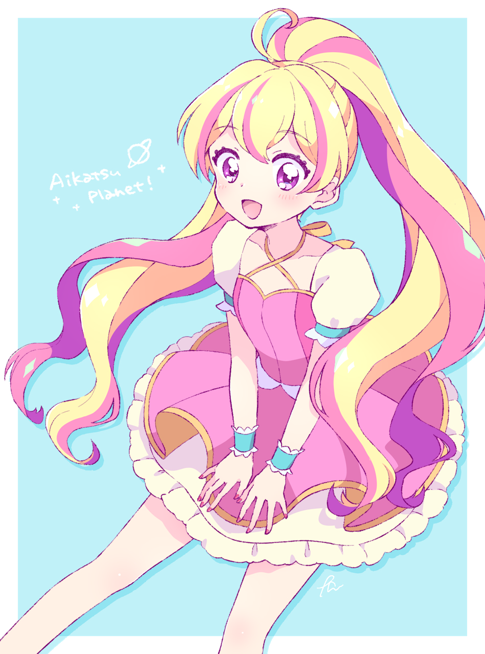 1girl, :d, ahoge, aikatsu!_(series), aikatsu_planet!, blonde_hair, blue_background, border